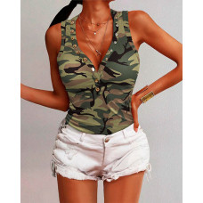 Camo Print V-Neck Snap Button Ribbed Tank Top - camoflage