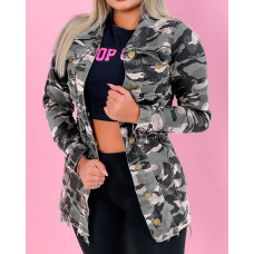 Camo Tiger Print Ripped Raw Hem Jacket - camoflage