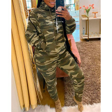 Camouflage Letter Print Hooded Top& Pants Set - camoflage