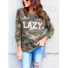 Camouflage Letter Print Long Sleeve Casual Sweatshirt - Army green