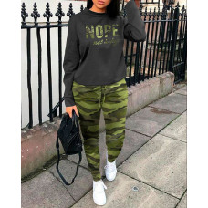 Camouflage Letter Print Top & Drawstring Pants Set - Multicolor