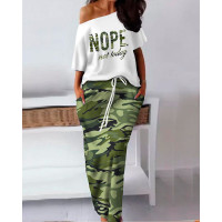 Camouflage Nope Not Today Print T-Shirt & Drawstring Skirt Set - green