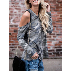 Camouflage Print Cold Shoulder Cutout Top T-shirt - Army green