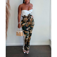 Camouflage Print Contrast Lace Belted Casual Pants - camoflage