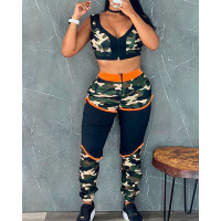 Camouflage Print Crop Tank Top & High Waist Pants Set - black