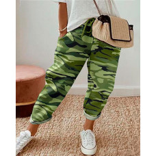 Camouflage Print Drawstring Cuffed Pants - green