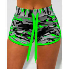 Camouflage Print Drawstring High Waist Shorts - green