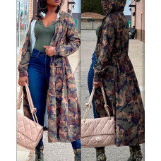 Camouflage Print Drawstring Hooded Coat - camoflage