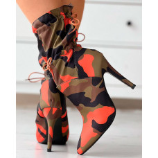 Camouflage Print Drawstring Stiletto Heeled Boots - camoflage