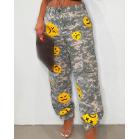 Camouflage Print Face Patch High Waist Casual Pants - yellow