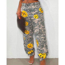 Camouflage Print Face Patch High Waist Casual Pants - yellow