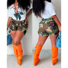 Camouflage Print High Waist Shorts - green