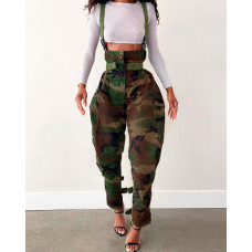 Camouflage Print High Waist Suspender Jumpsuit - green