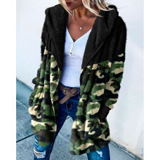 Camouflage Print Long Sleeve Hooded Teddy Coat - camoflage