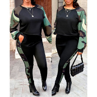 Camouflage Print Long Sleeve Top & Pants Set - black