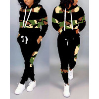 Camouflage Print Long Sleeve Top & Pants Set - green