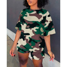 Camouflage Print O-Neck Top & Shorts Set - camoflage