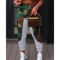 Camouflage Print Patchwork Cuffed Pants - green