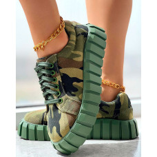 Camouflage Print Platform Lace-up Canvas Sneakers - camoflage