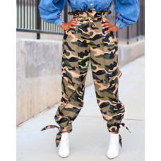 Camouflage Print Pocket Design Cuffed Cargo Pants - Army green