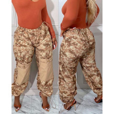 Camouflage Print Pocket Design Drawstring Cargo Pants - khaki