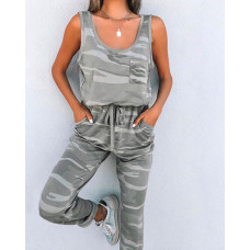 Camouflage Print Pocket Design Drawstring Jumpsuit - camoflage