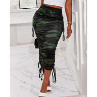 Camouflage Print Pocket Design Ruched Maxi Skirt - camoflage