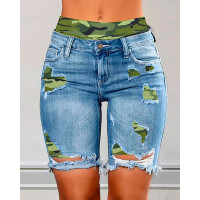 Camouflage Print Ripped 2-In-1 Denim Shorts - blue