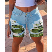 Camouflage Print Ripped Raw Hem Denim Shorts - blue