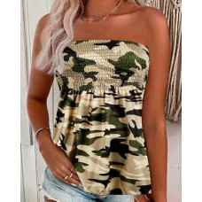 Camouflage Print Shirred Tank Top - Army green