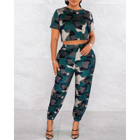 Camouflage Print Short Sleeve Top & Pants Set - camoflage