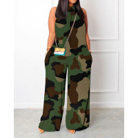 Camouflage Print Sleeveless Wide Leg Jumpsuit - camoflage