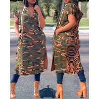 Camouflage Print Slit Cutout Drawstring Sweatshirt Dress - Army green