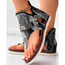 Camouflage Print Studded Toe Post Sandals - camoflage