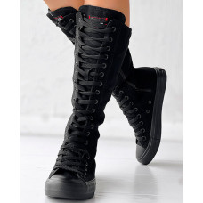 Canvas Side Zipped Lace-Up Boots - black