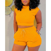 Cap Sleeve Crop Top & Drawstring Pocket Design Shorts Set - orange