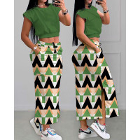 Cap Sleeve Top & Geometric Print Slit Skirt Set - green