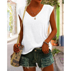 Cap Sleeve V-Neck Casual T-shirt - white