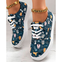 Cartoon Cat Print Lace-up Sneakers - purplish blue Cartoon Cat Print Lace-up Sneakers - purplish blue