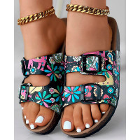 Cartoon Floral Print Buckled Slippers Beach Sandals - black Cartoon Floral Print Buckled Slippers Beach Sandals - black