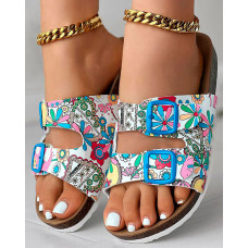 Cartoon Floral Print Buckled Slippers Beach Sandals - white