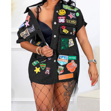 Cartoon Graphic Letter Pattern Buttoned Shirt Dress - black