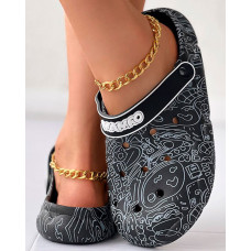 Cartoon Graphic Print Hollow Out Beach Clog Slippers - black