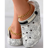 Cartoon Graphic Print Hollow Out Beach Clog Slippers - white