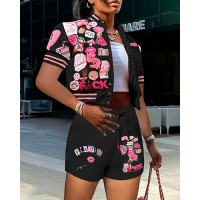 Cartoon Letter Graphic Pattern Baseball Top & Shorts Set - black