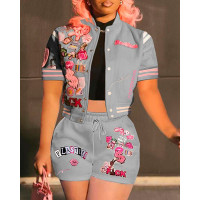 Cartoon Letter Graphic Pattern Baseball Top & Shorts Set - gray