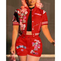 Cartoon Letter Graphic Pattern Baseball Top & Shorts Set - red