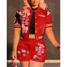 Cartoon Letter Graphic Pattern Baseball Top & Shorts Set - red