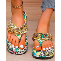 Cartoon Pattern Chain Decor Flip Flops - green