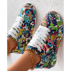 Cartoon Print Lace-up Casual Sneakers - Multicolor